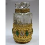 Pretty victorian etched and cut glass triple scent bottles and stoppers, within jewelled gilt