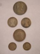 Parcel of five Queen Victoria silver coins including half crown, two florins plus two shillings.