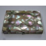 19th century mother of pearl veneered sectional calling card case, with interesting gilded blue