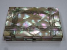 19th century mother of pearl veneered sectional calling card case, with interesting gilded blue