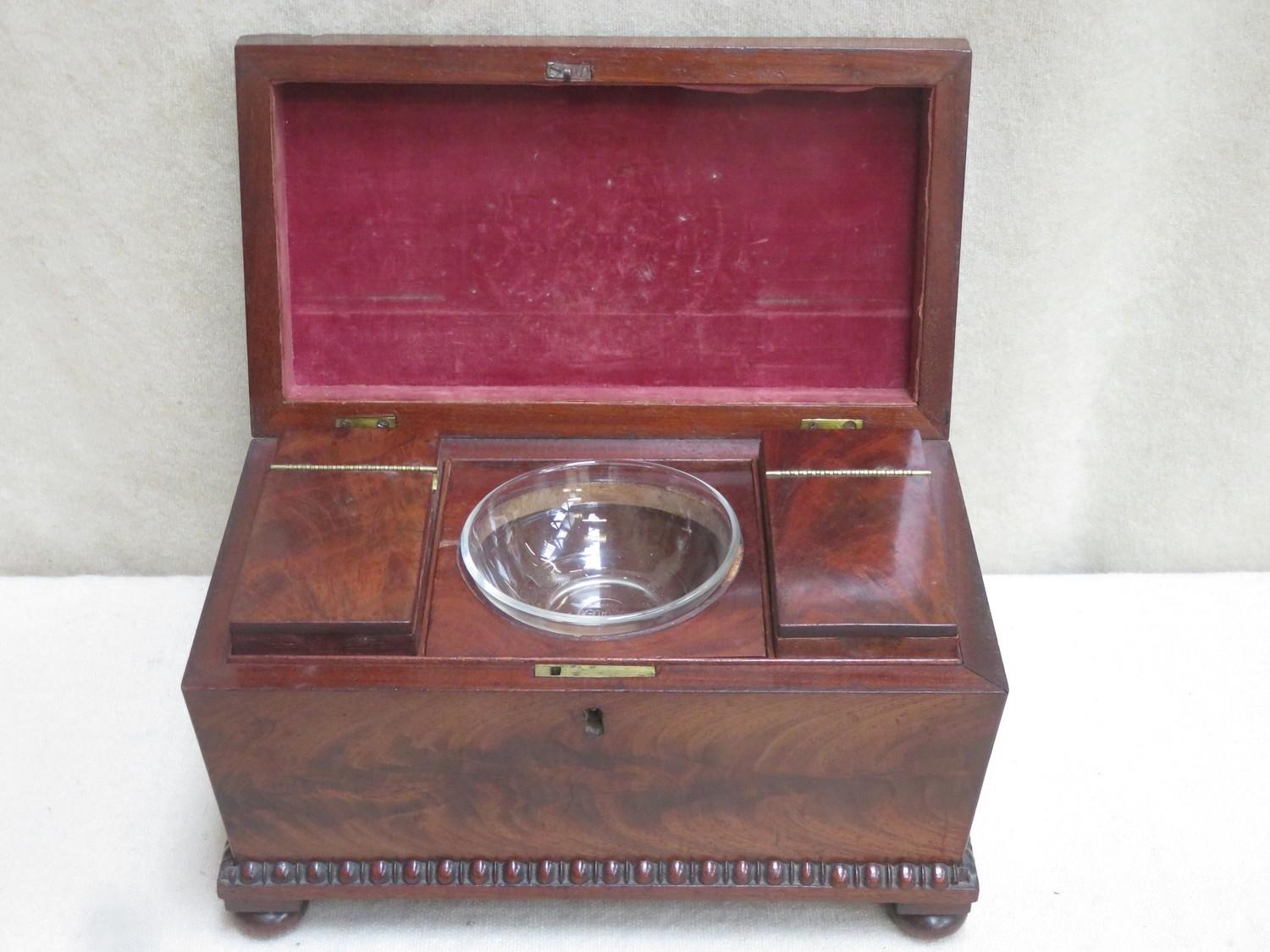 A Regency style 19th century mahogany veneered sarcophagus form tea caddy, with two lidded - Image 2 of 2