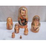 Set of seven vintage hand painted Russian nesting dolls, depicting Tsar Nicholas II and his