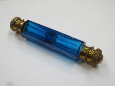 Victorian cobalt blue / bristol blue octagonal facet cut double ended scent bottle, with ornately