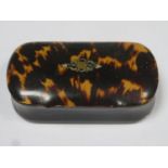 19th century tortoise shell and horn snuff box with hinged cover, inlaid to lid with yellow metal