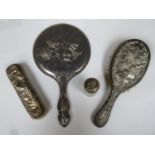 Parcel of hallmarked silver dressing table items, including hand mirror, two brushes and pin jar,