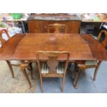 Victorian style mahogany draw leaf dining table, four chairs & serpentine fronted sideboard