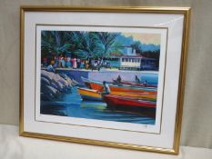Framed limited edition polychrome print depicting a busy harbour/beachside scene, pencil signed,