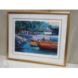 Framed limited edition polychrome print depicting a busy harbour/beachside scene, pencil signed,