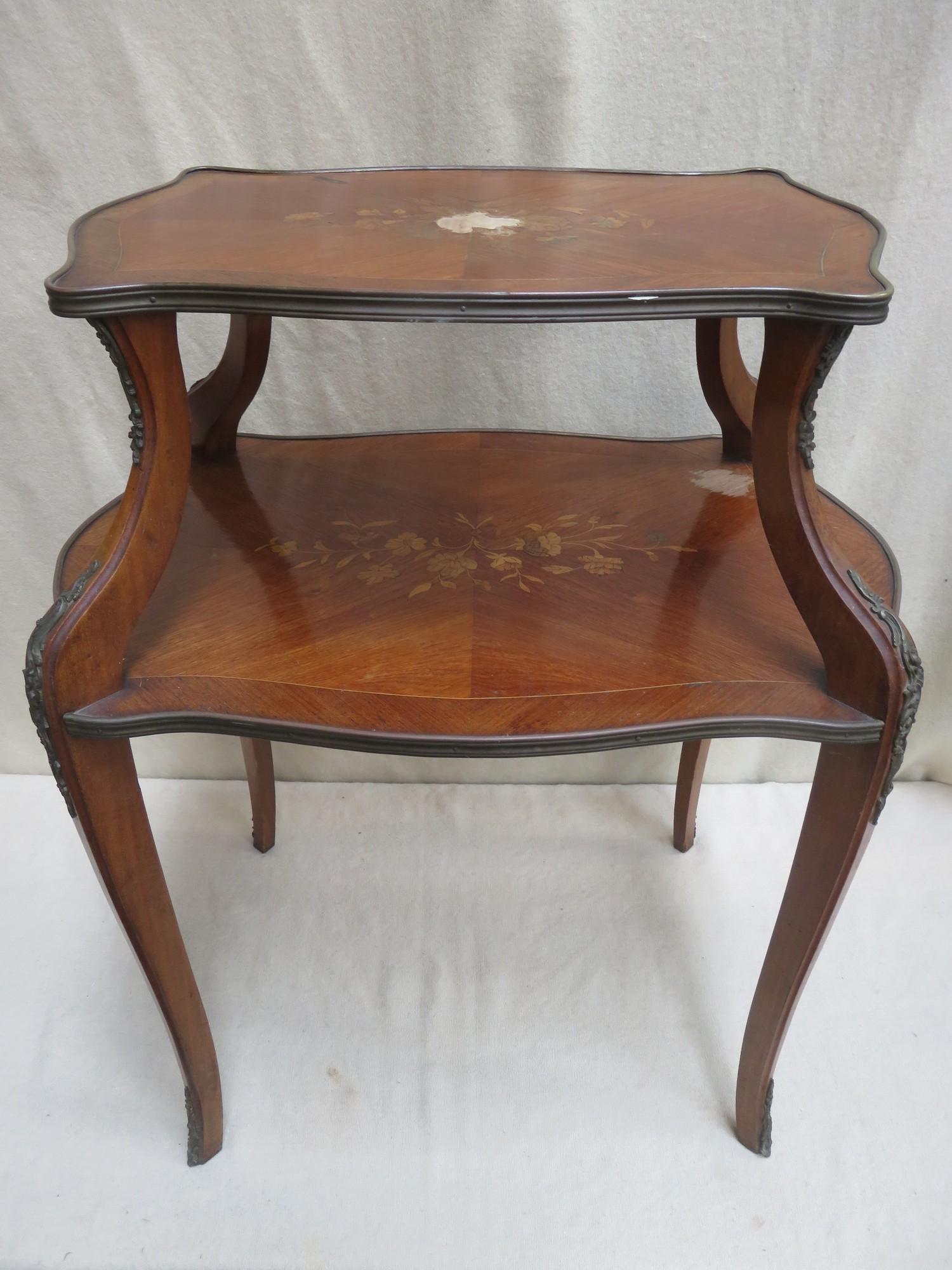 19th century French/Dutch style two tier hall table, marquetry & string inlaid floral decoration &