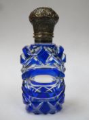 Victorian cut glass perfume bottle with cobalt / bristol blue overlay, with hinged repousse