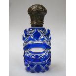 Victorian cut glass perfume bottle with cobalt / bristol blue overlay, with hinged repousse