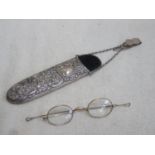 Hallmarked silver repousse decorated spectacle case, plus pair of yellow metal spectacles