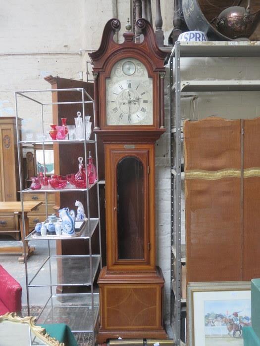 EARLY 20th CENTURY MAHOGANY LONGCASE CLOCK WITH SILVER COLOURED DIAL BY SHARMIN D NEILL LIMITED,