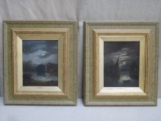 C. Morris - Pair of framed oil on boards depicting . boating scenes at dusk. Approx. 24.5cms x 19cms
