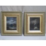 C. Morris - Pair of framed oil on boards depicting . boating scenes at dusk. Approx. 24.5cms x 19cms