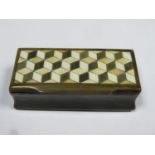 19th century horn hinged snuff box, inlaid with geometric ivory panels to lid