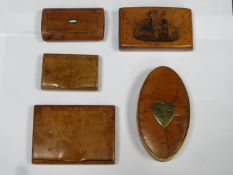 Parcel of maple wood and other victorian snuff boxes, one with transfer decoration