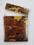 Victorian tortoise shell hinged calling card case, with fine ivory banding and with gilded red paper