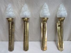 Set of twelve early 20th century brass wall sconce light fittings, all with frosted glass shades.
