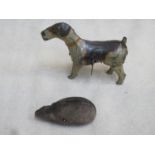 Vintage German tinplate clockwork model dog, stamped D.R.S.M, plus Schuco German clockwork mouse