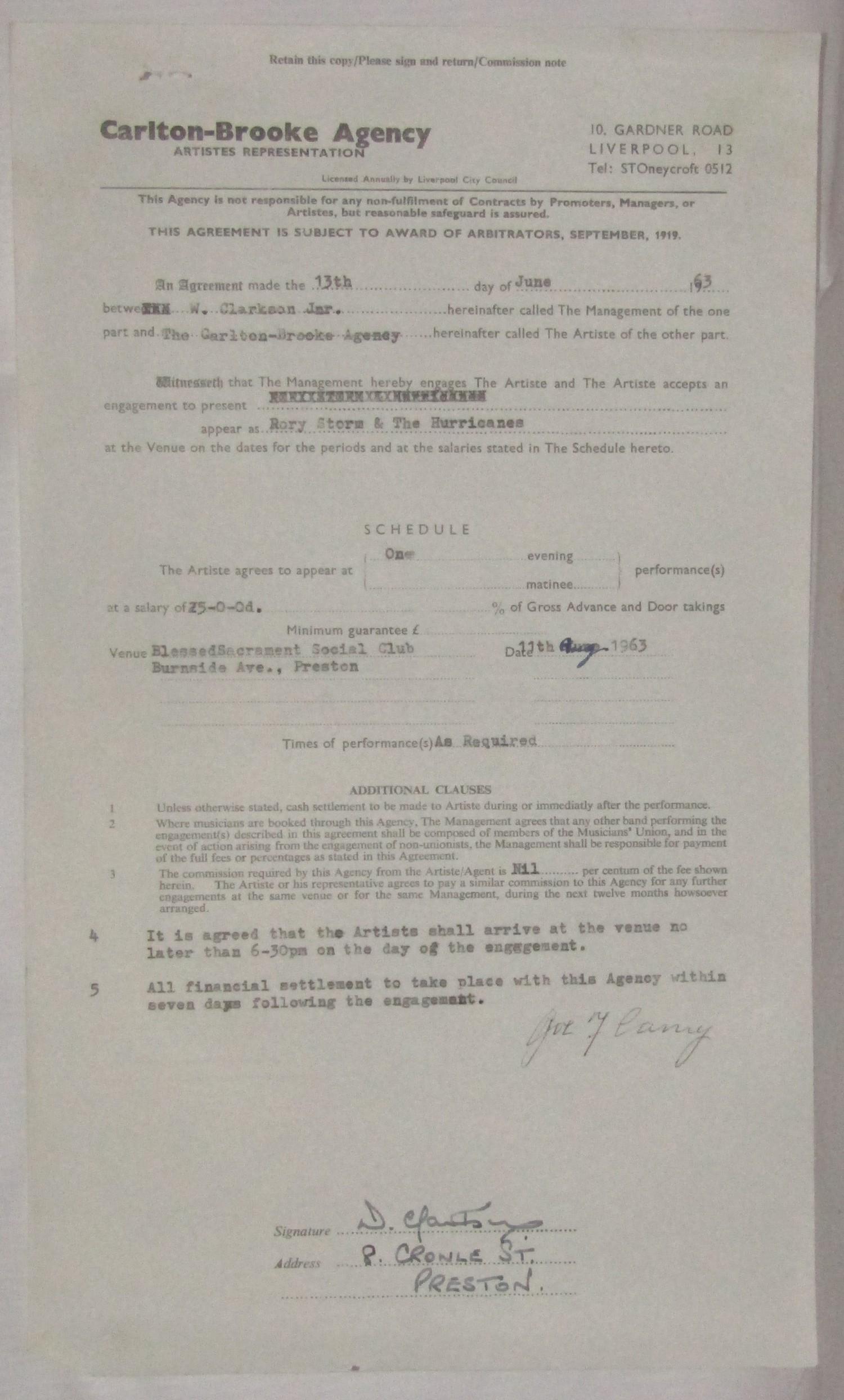 Rory Storm and The Hurricanes contract dated 13th June 1963 for a performance at Blessed Sacrament