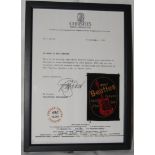 The Beatles original fan Club Patch framed with certificate from Christie's