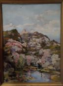 Oil Painting by Henley On Thames artist Ted Greening c1960 of The Matterhorn Gardens sculpture and