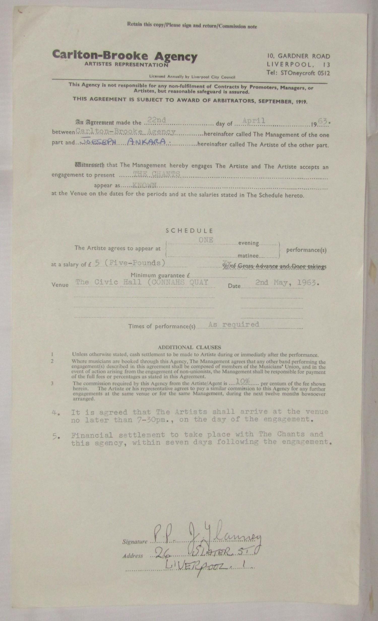 The Chants contract dated 22nd April 1963 for a performance The Civic Hall Connahs Quay second