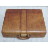 Vintage tan / brown leather briefcase with nicely fitted interior, carry handle, and brass