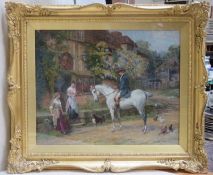 Heyward Hardy (1843-1933) gilt framed oil on canvas depicting figures & animals outside a village