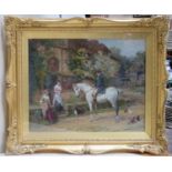 Heyward Hardy (1843-1933) gilt framed oil on canvas depicting figures & animals outside a village