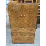 Art Deco figured Walnut fitted tallboy, with amber coloured handles. Approx. 131cm H x 75cm W x 49cm