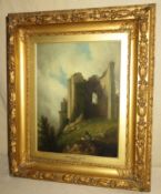 Andrew Hunt Ornately gilt framed 19th century oil on canvas depicting figures beside Kenilworth