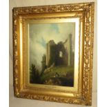 Andrew Hunt Ornately gilt framed 19th century oil on canvas depicting figures beside Kenilworth