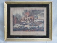 VICTORIAN GILDED POLYCHROME ENGRAVING, 'THE INTERIOR OF THE HOUGOUMONT DURING THE BATTLE OF THE