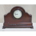 Mahogany cased French mantle clock with circular convex enamelled dial. Approx. 25.5cm high