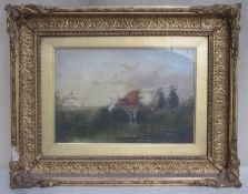 19th century ornately gilt framed oil on canvas depicting cattle beside water, Approx. 22 x 32cm