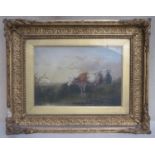 19th century ornately gilt framed oil on canvas depicting cattle beside water, Approx. 22 x 32cm