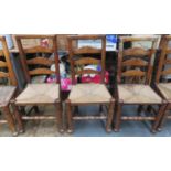 Set of Five similar 19th century rush seated country style ladder back chairs, on stretchered