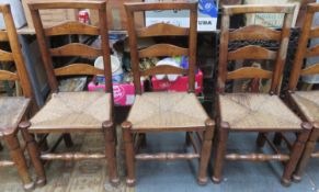 Set of Five similar 19th century rush seated country style ladder back chairs, on stretchered