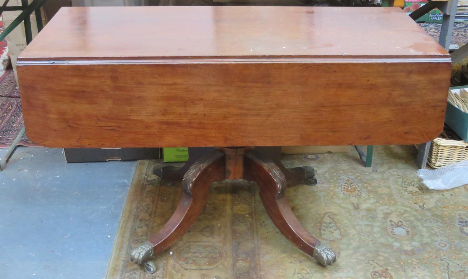 Victorian mahogany drop leaf sofa table, fitted with single drawer, on quadrofoil supports.