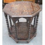 Late 19th/early 20th century barley twist oak octagonal occasional table, with carved decoration