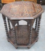 Late 19th/early 20th century barley twist oak octagonal occasional table, with carved decoration