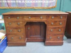 VICTORIAN MAHOGANY NINE DRAWER KNEEHOLE WRITING DESK FITTED WITH SINGLE CUPBOARD DOOR