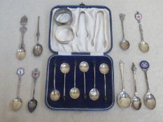 Parcel of various silver flatware, cased coffee bean spoons, sugar tongs, silver napkin rings etc.