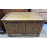 20th century oak linen fold fronted blanket chest. Approx. 46cm H x 76cm W x 45cm D