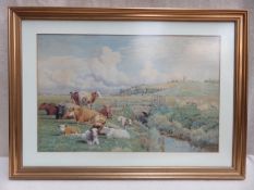 Thomas Sidney Cooper (1803 -1902) gilt framed watercolour depicting cattle beside a river. Approx.