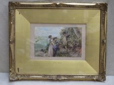 Myles Birkett Foster (1825-1899) - Gilt framed watercolour depicting children picking flowers.