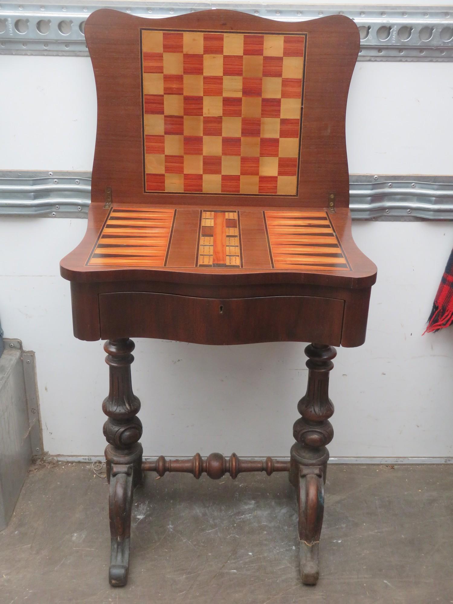 Victorian mahogany serpentine fronted foldover games table, fitted with single drawer and inlaid