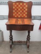 Victorian mahogany serpentine fronted foldover games table, fitted with single drawer and inlaid